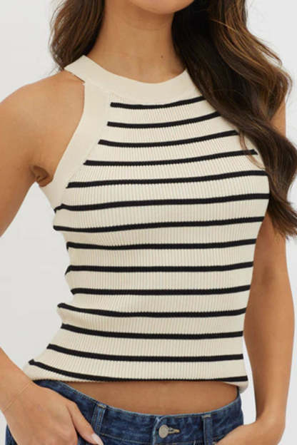 Casual Striped Print Slim Fit Ribbed Knit Tank Top-Blue