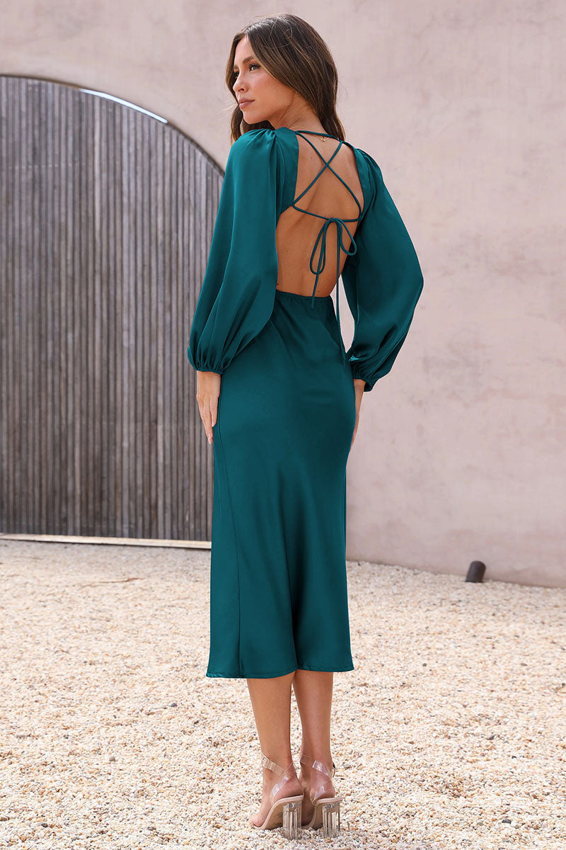 Satin Deep V Neck Lantern Sleeve Tie Up Backless Slim Fit Bridesmaid Gowns Midi Dresses