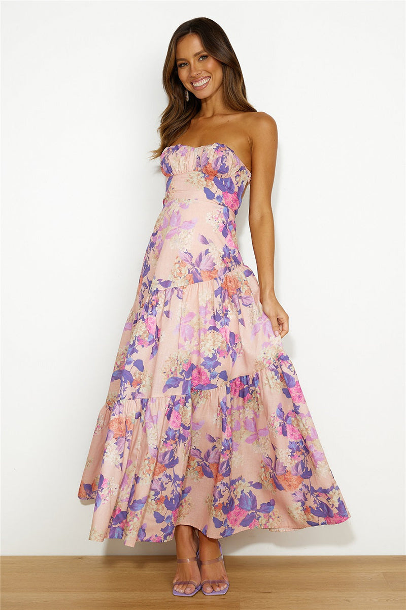 Boat Neck Backless Irregular Pleated Flowy Floral Print A-line Vacation Maxi Dresses