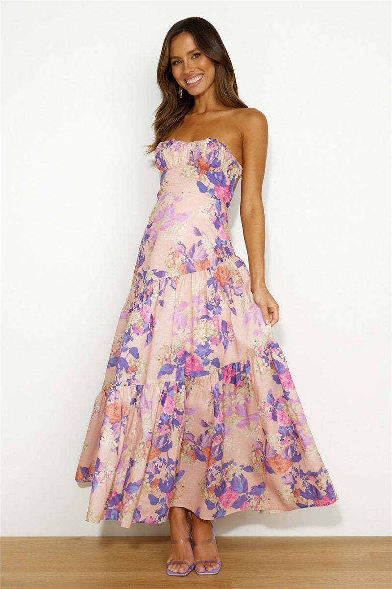 Boat Neck Backless Irregular Pleated Flowy Floral Print A-line Vacation Maxi Dresses