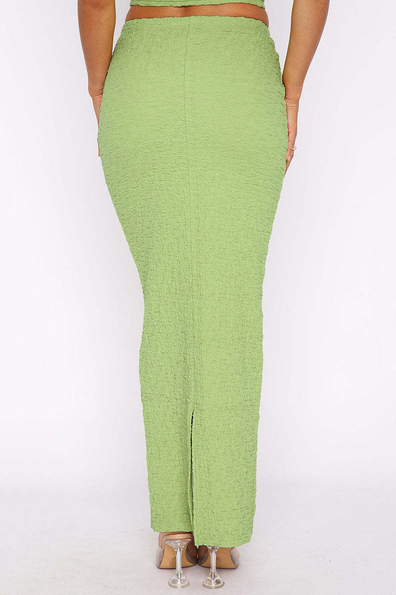 Textured Crop Tube Top Split Bodycon Maxi Skirt Matching Set-White