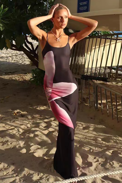 Spaghetti Strap Slim Fit Floral Print Slip Maxi Dresses-Black