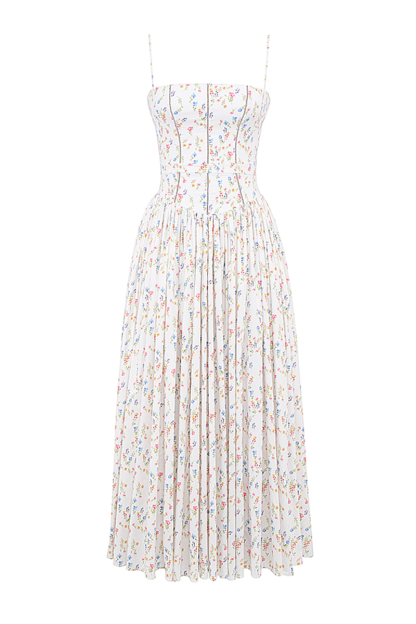 Ditsy Floral Print Boat Neck Corset Slip Midi Dresses-White