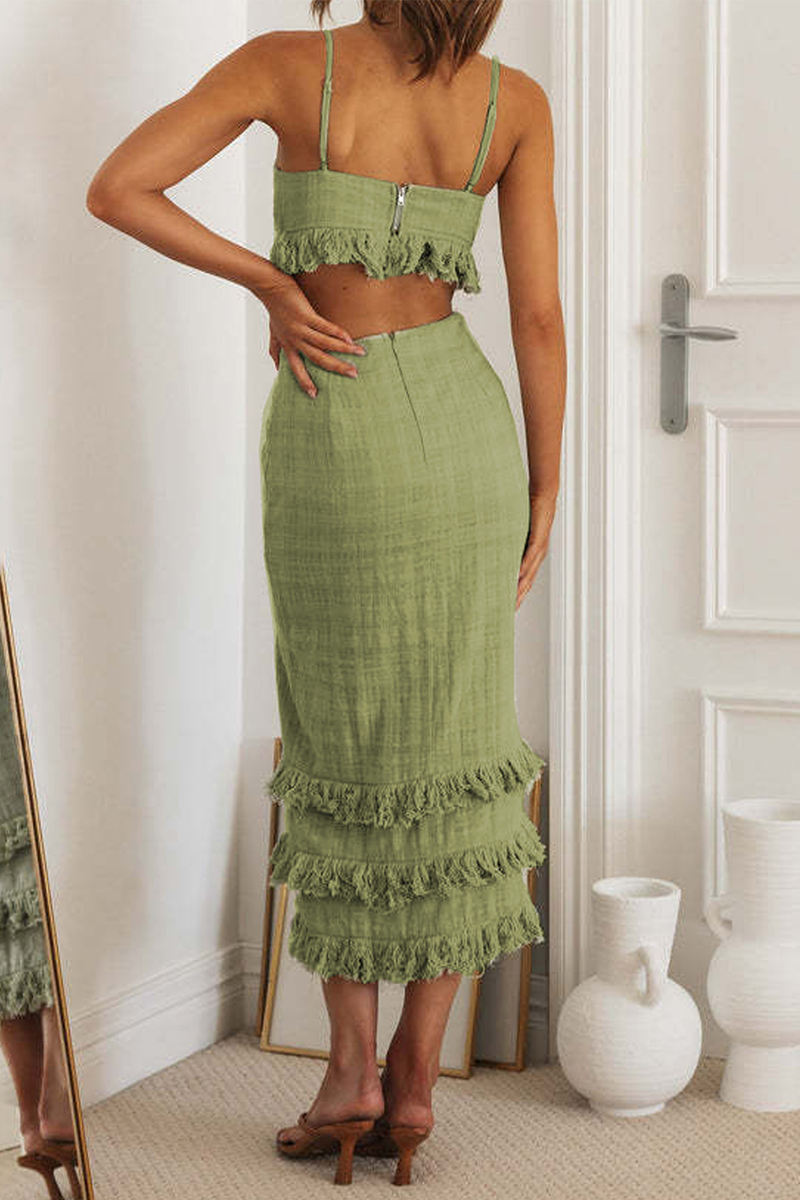 Deep V Neck Cutout Slim Fit Tassel Trim Slit Hem Midi Strappy Dresses-White