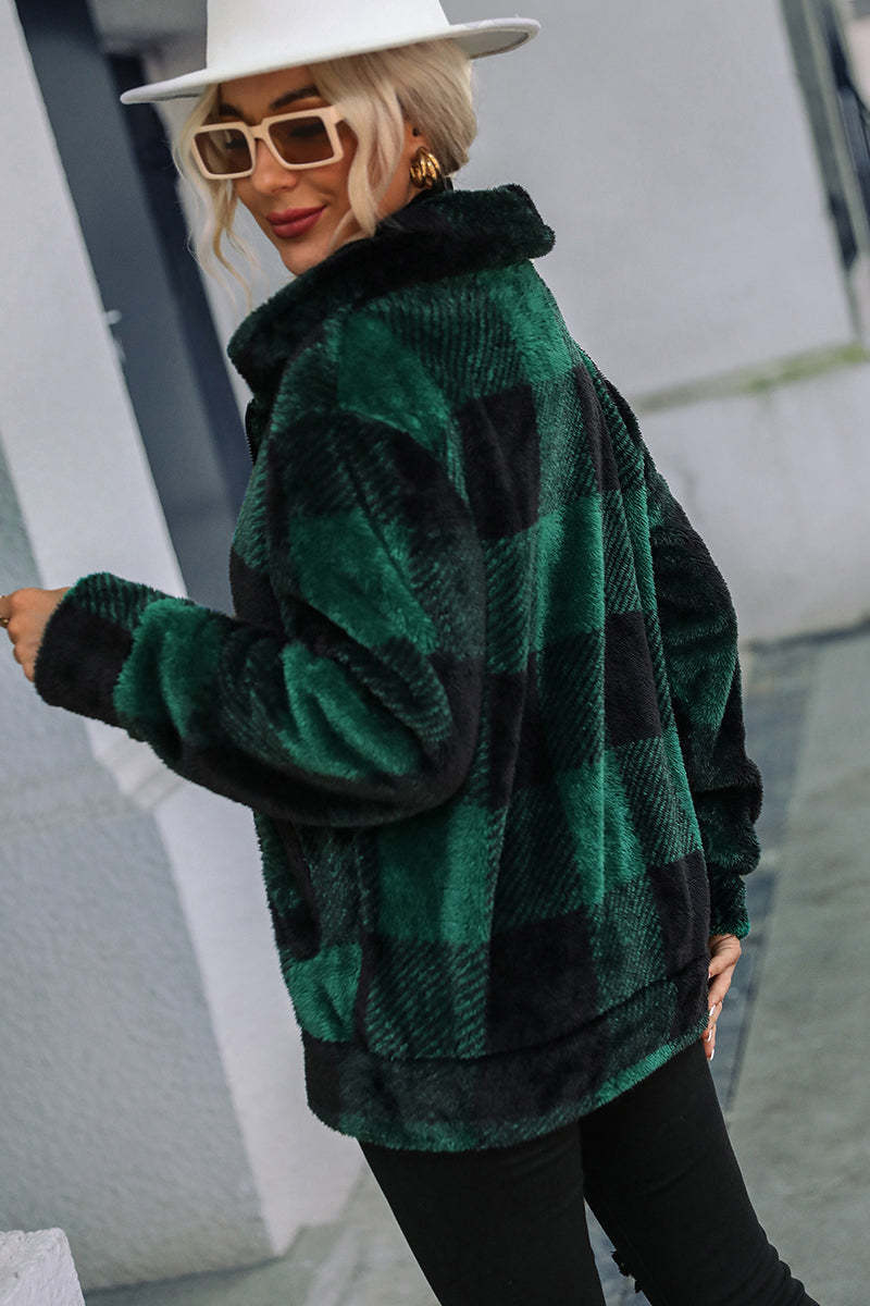 Faux Fur Plaid Turndown Collar Zipper Jacket