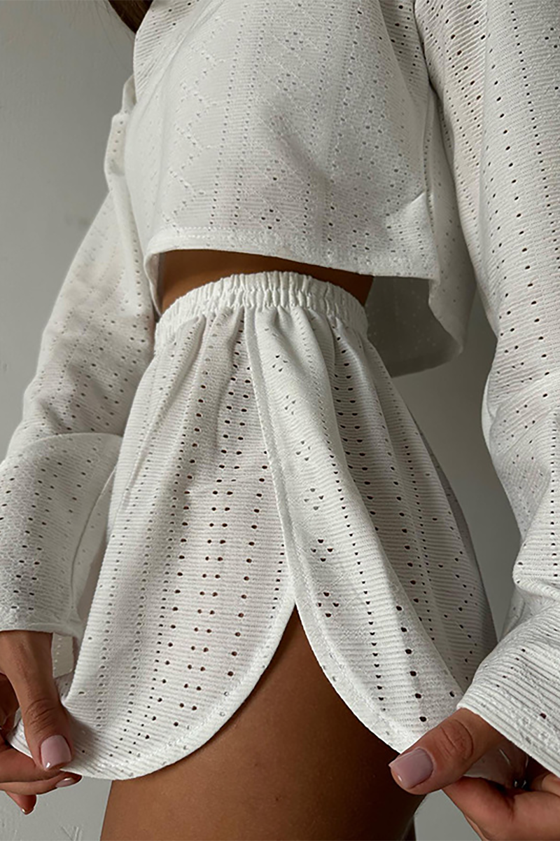 Solid Color Hollow Out Long Sleeve Crop Top Casual Shorts Matching Set-White