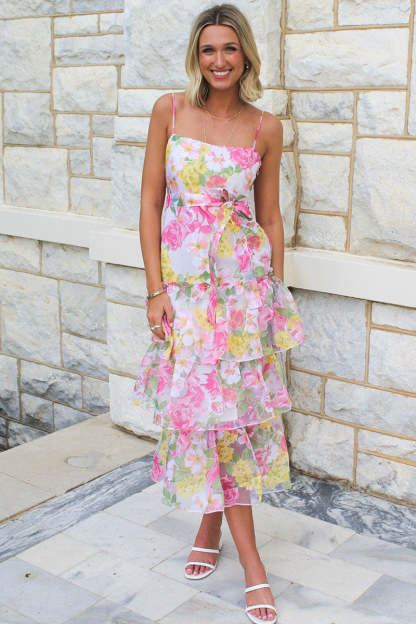 Spaghetti Strap Floral Print Tied Up Tiered Maxi Dresses-Pink