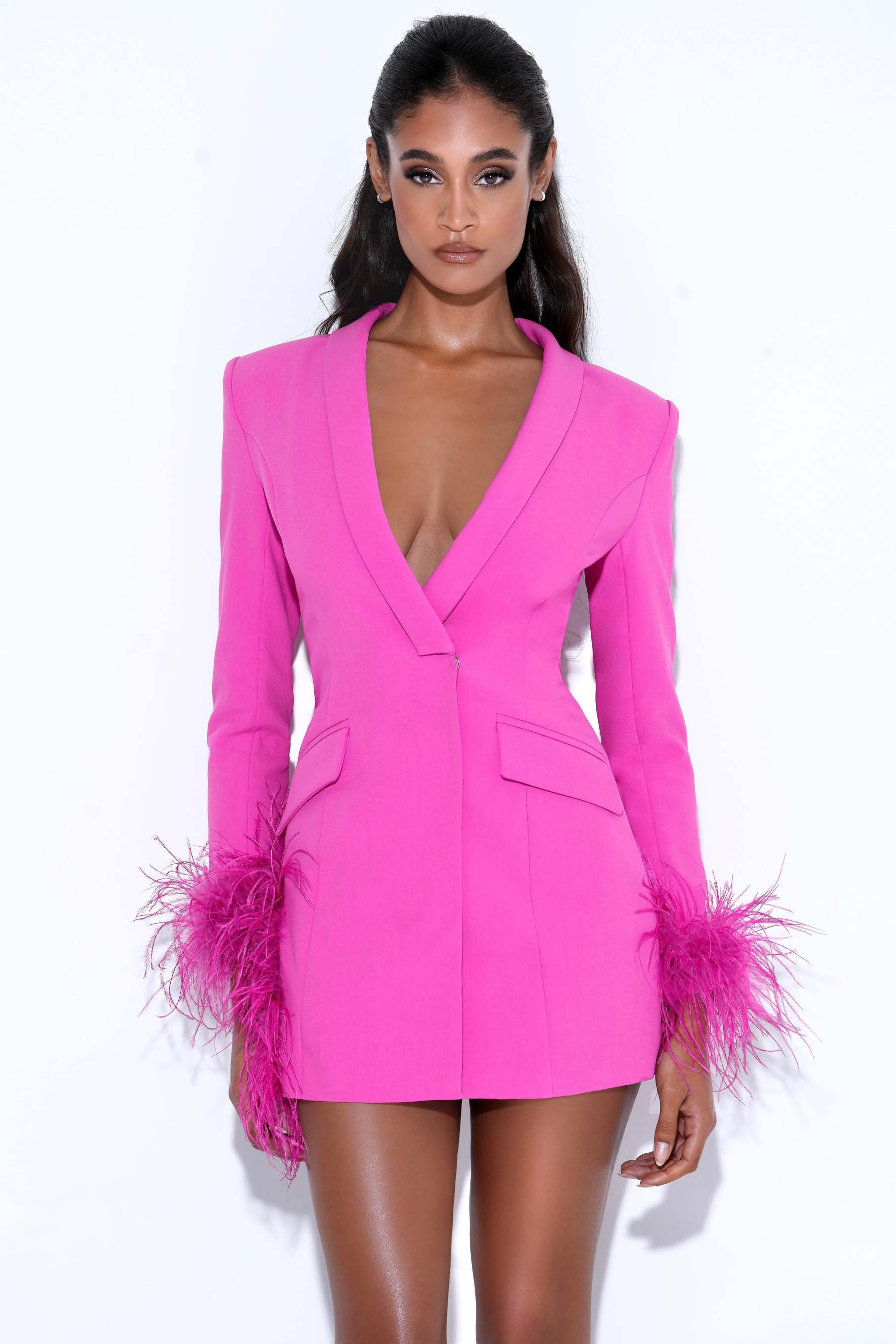 V Neck Feather Trim Blazer Party Mini Dresses