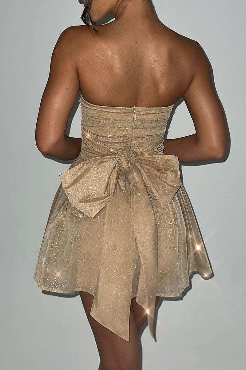 Boat Neck Strapless A-Line Back Bow Sparkling Mini Dresses-Gold