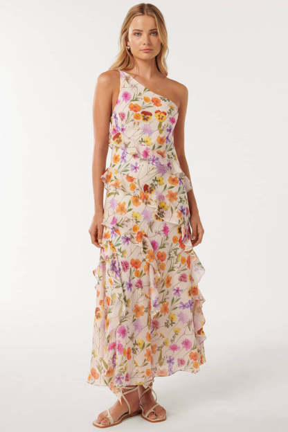 One Shoulder Multicolor Floral Print Flounced Maxi Dresses-Beige