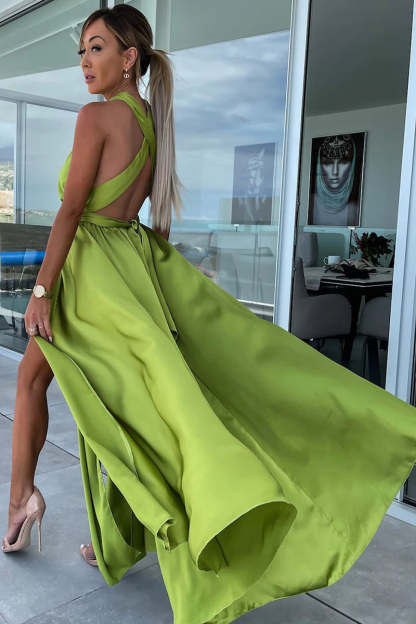 Deep V Neck Wrap Strap High Slit Satin Formal Party Maxi Dress
