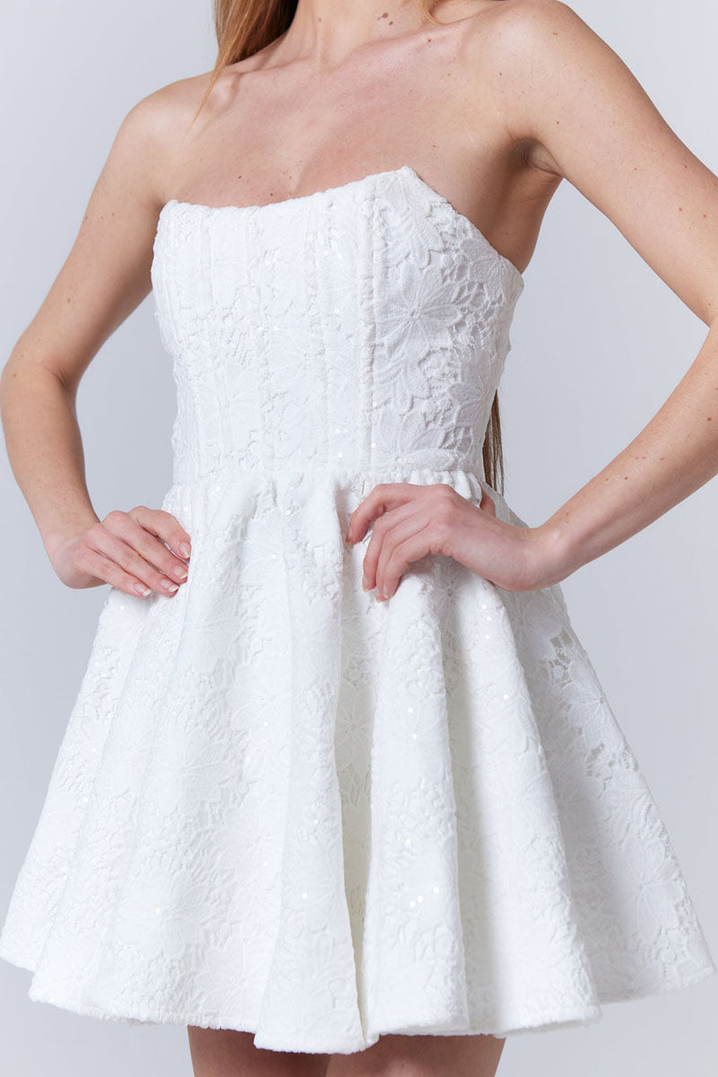 Strapless Floral Jacquard Party A-Line Mini Dresses-White
