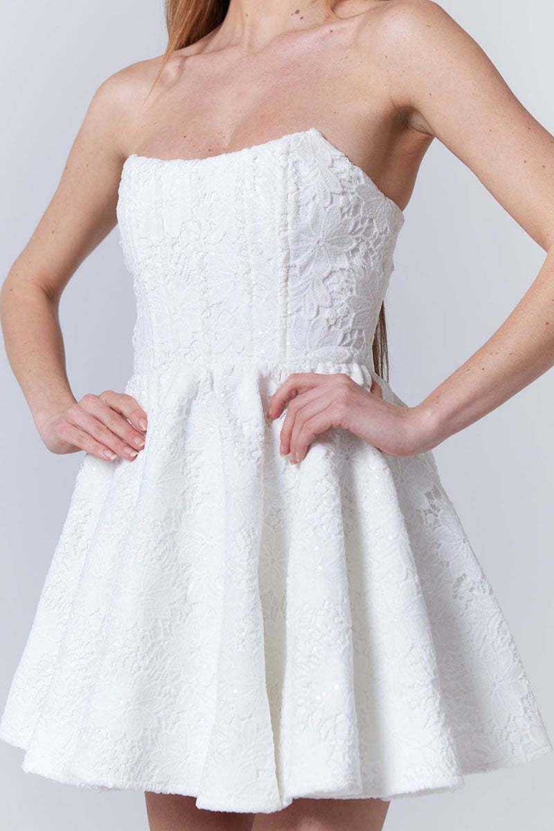 Strapless Floral Jacquard Party A-Line Mini Dresses-White