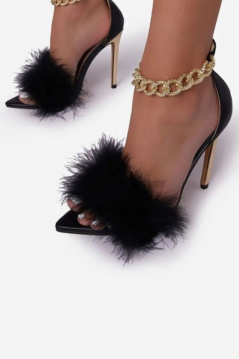 Feather Patchwork Peep-Toe Chain Stiletto Heels-White
