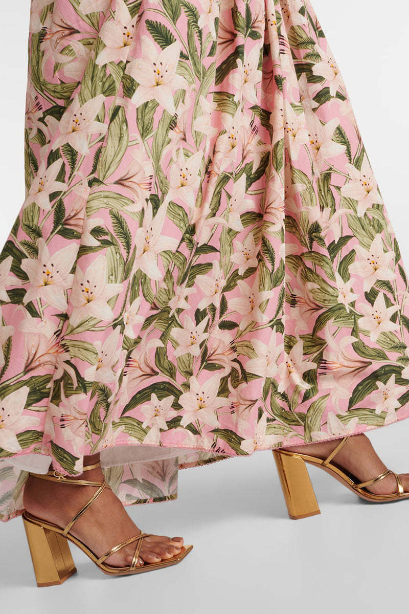 Off Shoulder Ruffle Floral Print Vacation Maxi Dresses-Pink Pre Order