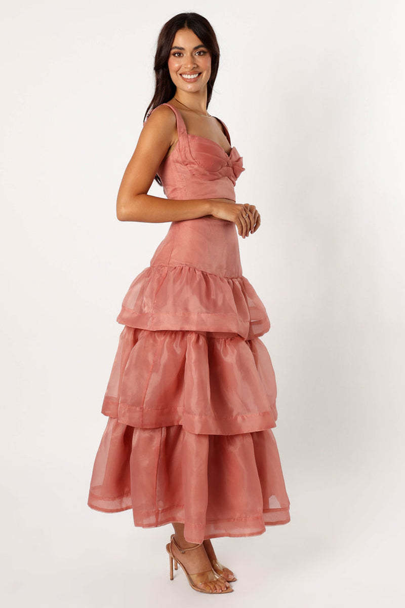 Pleated Cami Crop Top Layered Mesh Maxi Skirt Party 2pcs Set-Pink