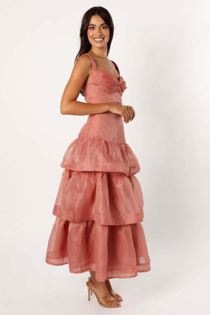 Pleated Cami Crop Top Layered Mesh Maxi Skirt Party 2pcs Set-Pink