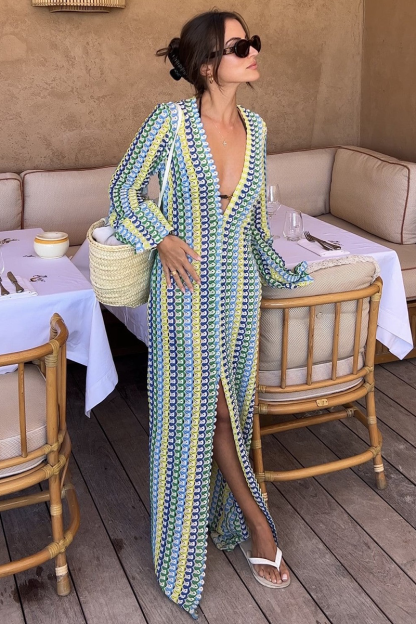 Crochet Abstract Striped Pattern Deep V Neck Flare Sleeve Slit Maxi Dresses-Green