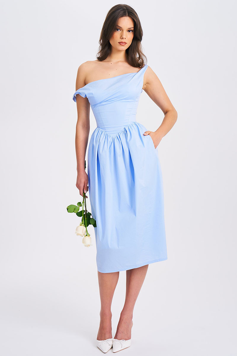 Cowl Neck Lace Up Cinch Waist Solid Color Midi Dresses-Blue Pre Order