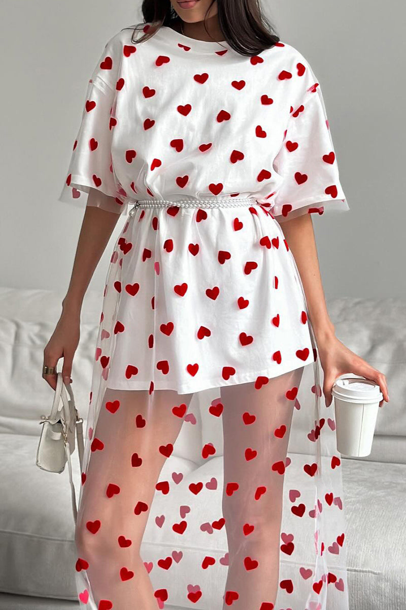 Heart Print Mesh Patchwork Short Sleeve T-shirt Midi Dresses-White