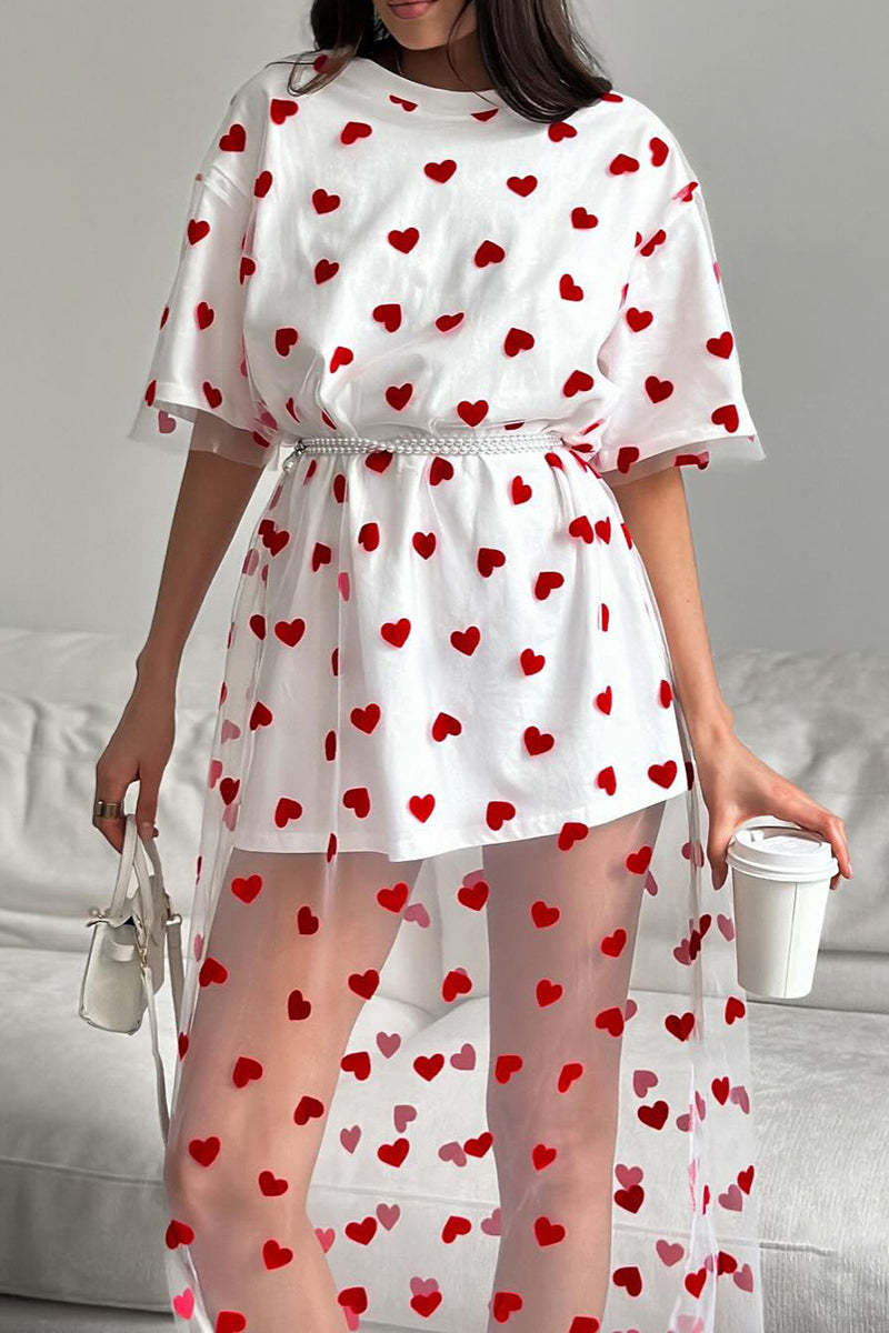 Heart Print Mesh Patchwork Short Sleeve T-shirt Midi Dresses-White