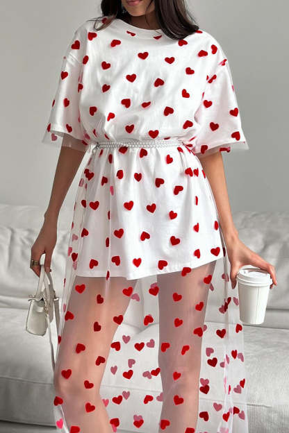 Heart Print Mesh Patchwork Short Sleeve T-shirt Midi Dresses-White