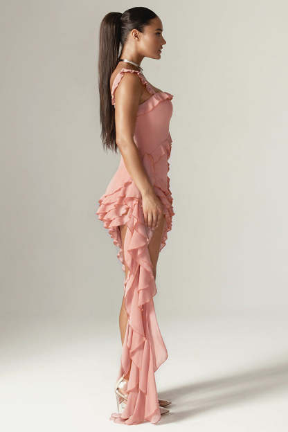 Square Neck Tiered Ruffle Sash Party Asymmetric Mini Dresses-Pink
