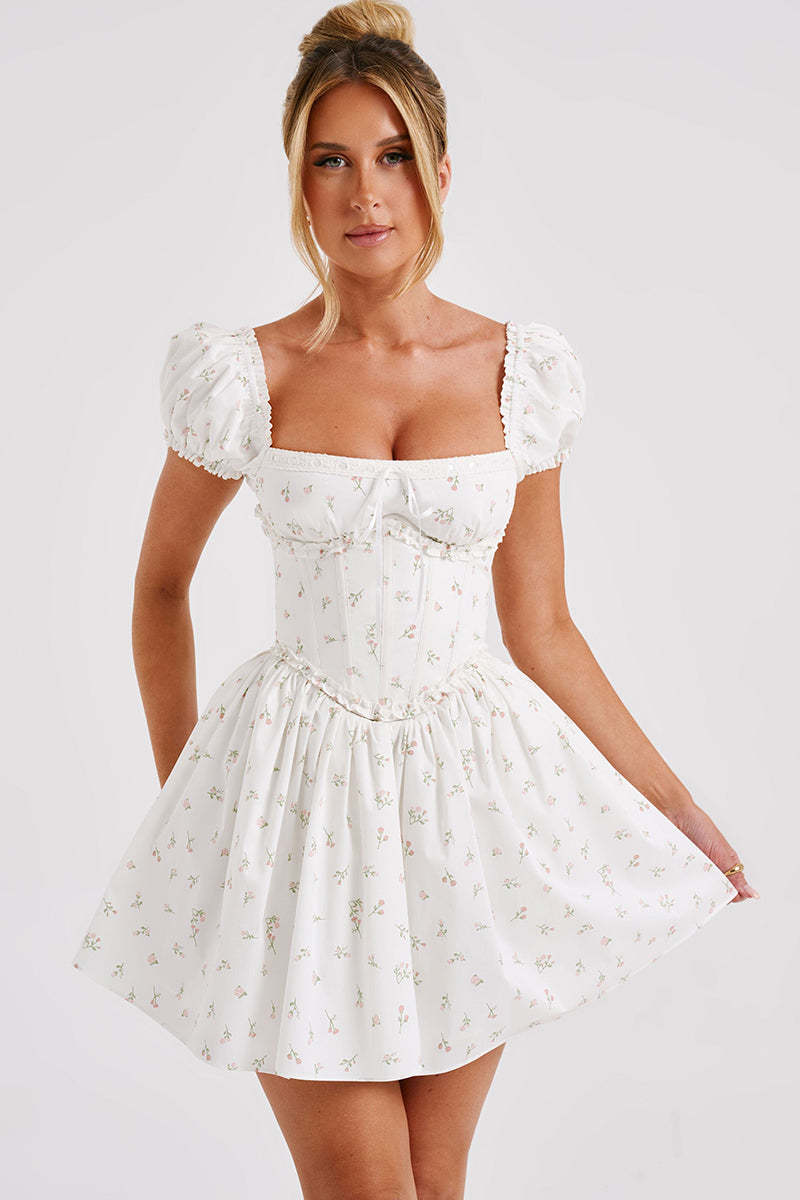 Off Shoulder Puff Sleeve Floral Print Corset Mini Dresses-White