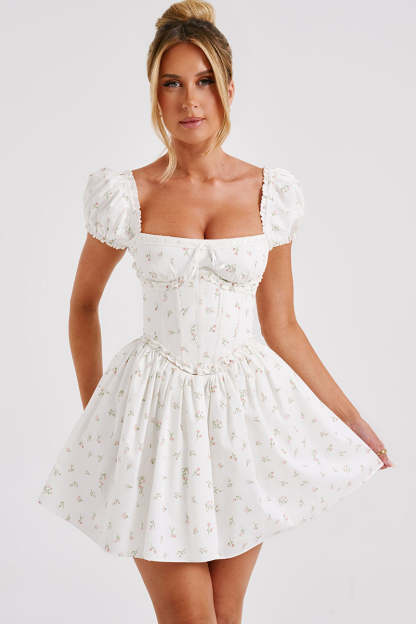 Off Shoulder Puff Sleeve Floral Print Corset Mini Dresses-White