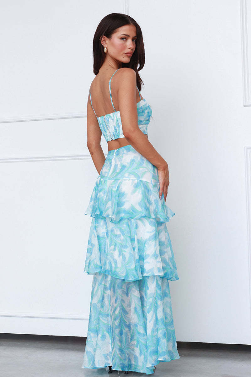 Ruched Sweetheart Neck Sleeveless Crop Top Ruffled Trim Maxi Skirt Pattern Print Matching Set