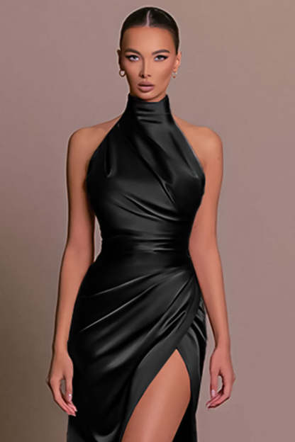 Satin High Neck Sleeveless Slim Fit High Slit Side Gowns Formal Party Maxi Dresses-Black
