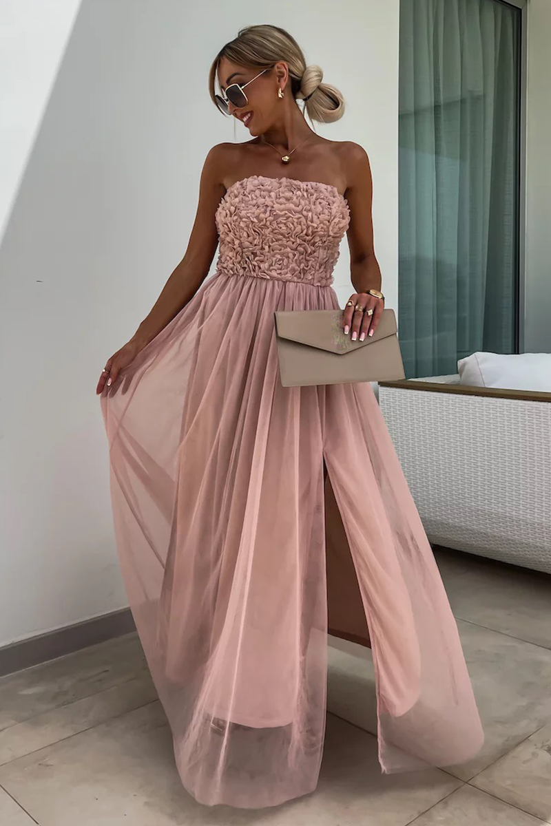 Floral Textured Pattern Strapless A-Line Slit Flowy Maxi Dresses-White
