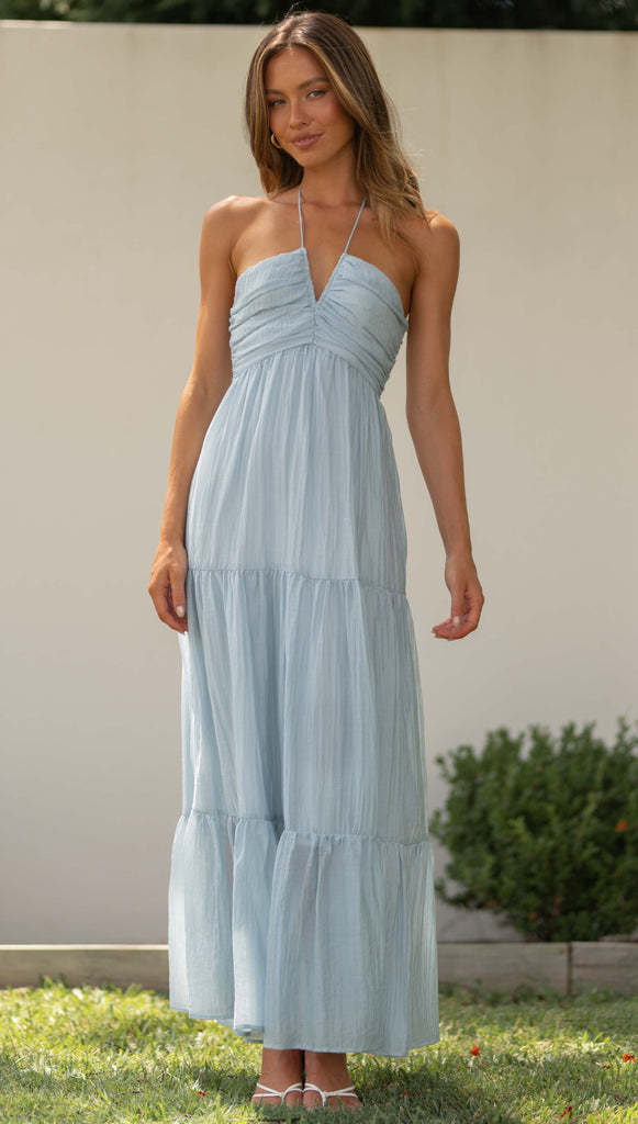 Halter Sleeveless Backless Tiered Pleated Flowy Vacation Maxi Dress