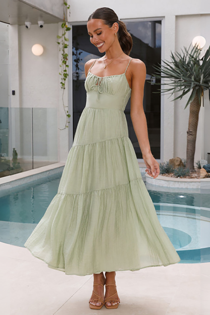 Front Tie Up Spaghetti Strap A-Line Flowy Shirred Maxi Dresses-Pink