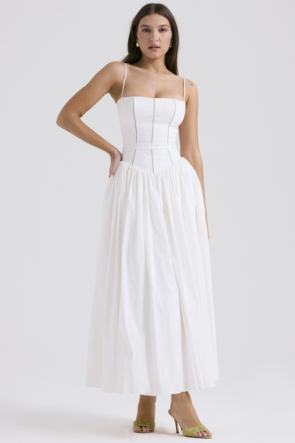 Spaghetti Strap Boat Neck Cinch Waist Pleated Hem Maxi Dresses-White