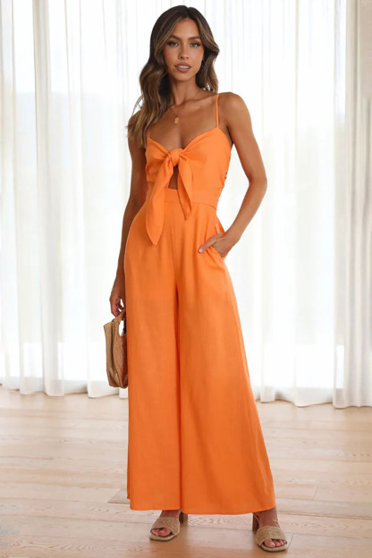 Knotted Cutout V Neck Slip Casual Jumpsuit