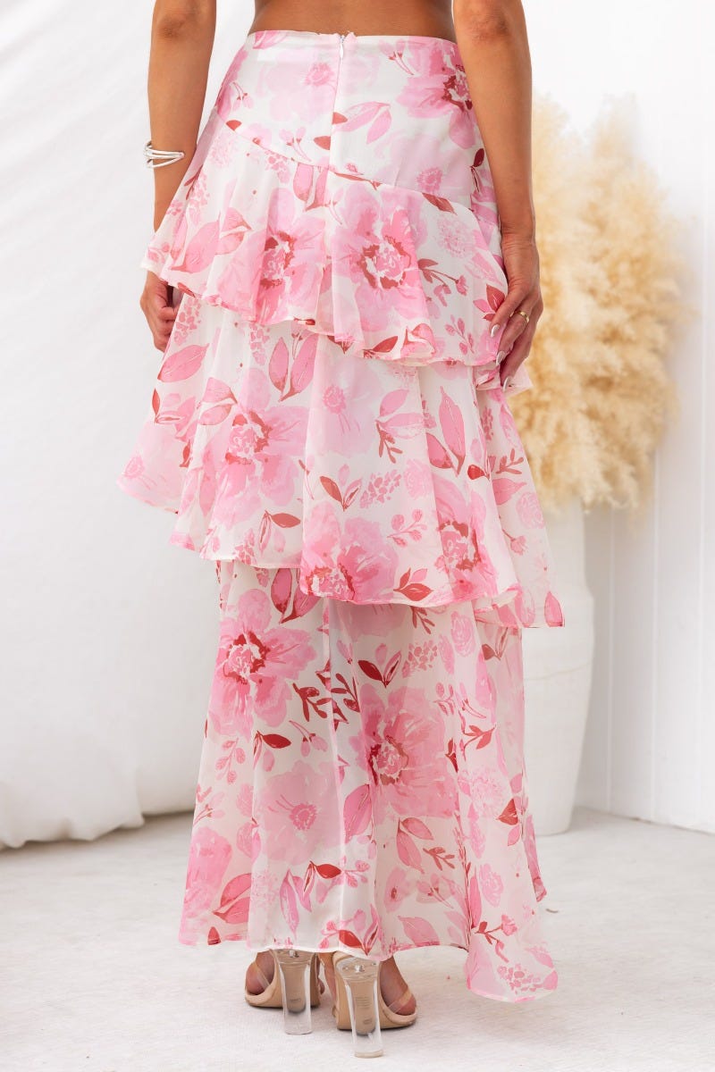 Floral Print Cami Crop Top Layered Maxi Skirt Matching Set-Pink