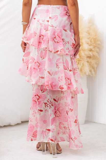 Floral Print Cami Crop Top Layered Maxi Skirt Matching Set-Pink