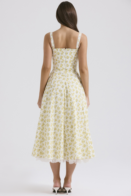 Ditsy Floral Print Cinch Waist Wide Strap Lace Trim Double-Layered Midi Dresses-Yellow