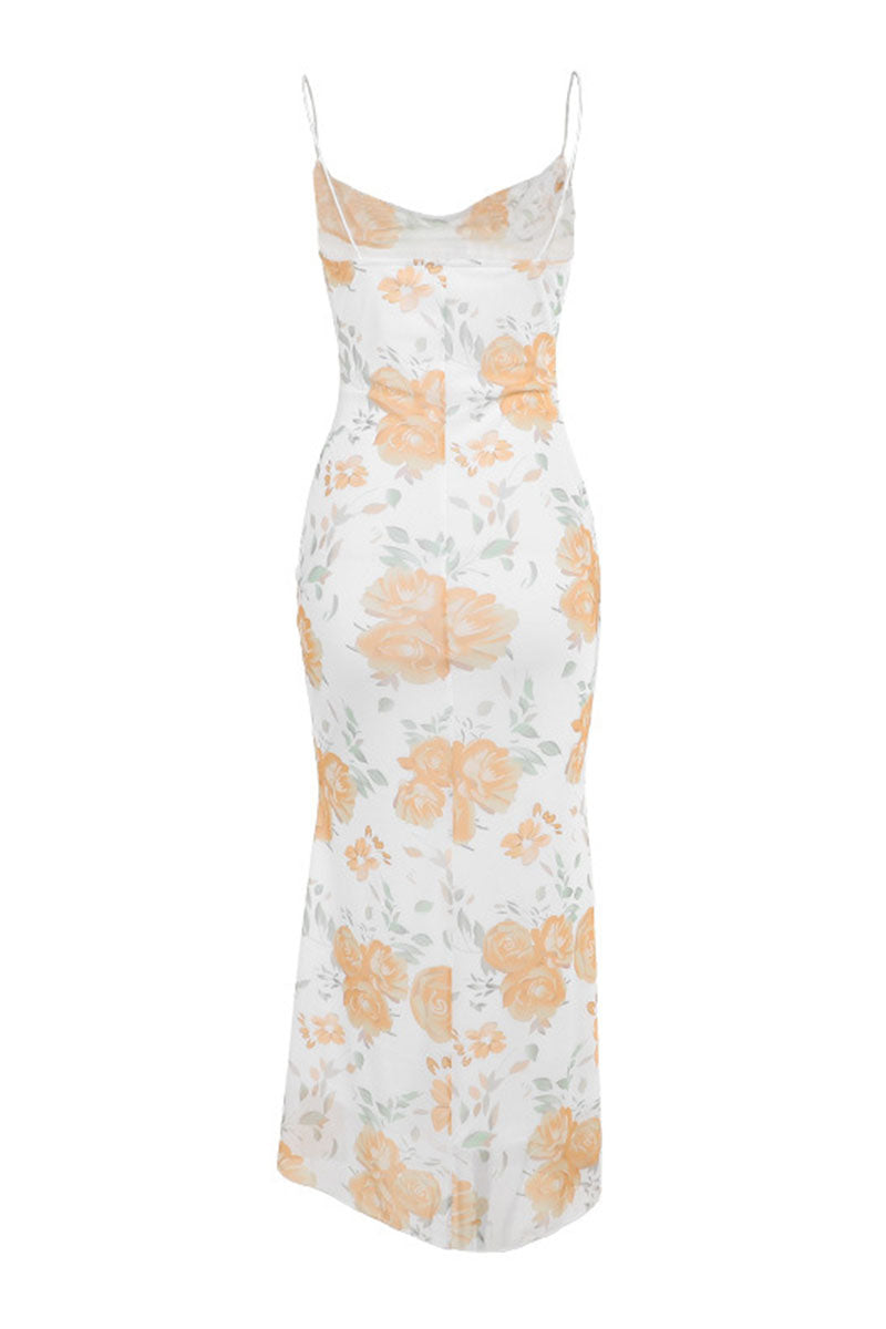 Cowl Neck Floral Print Garden Party Flowy Maxi Slip Dresses-Pink