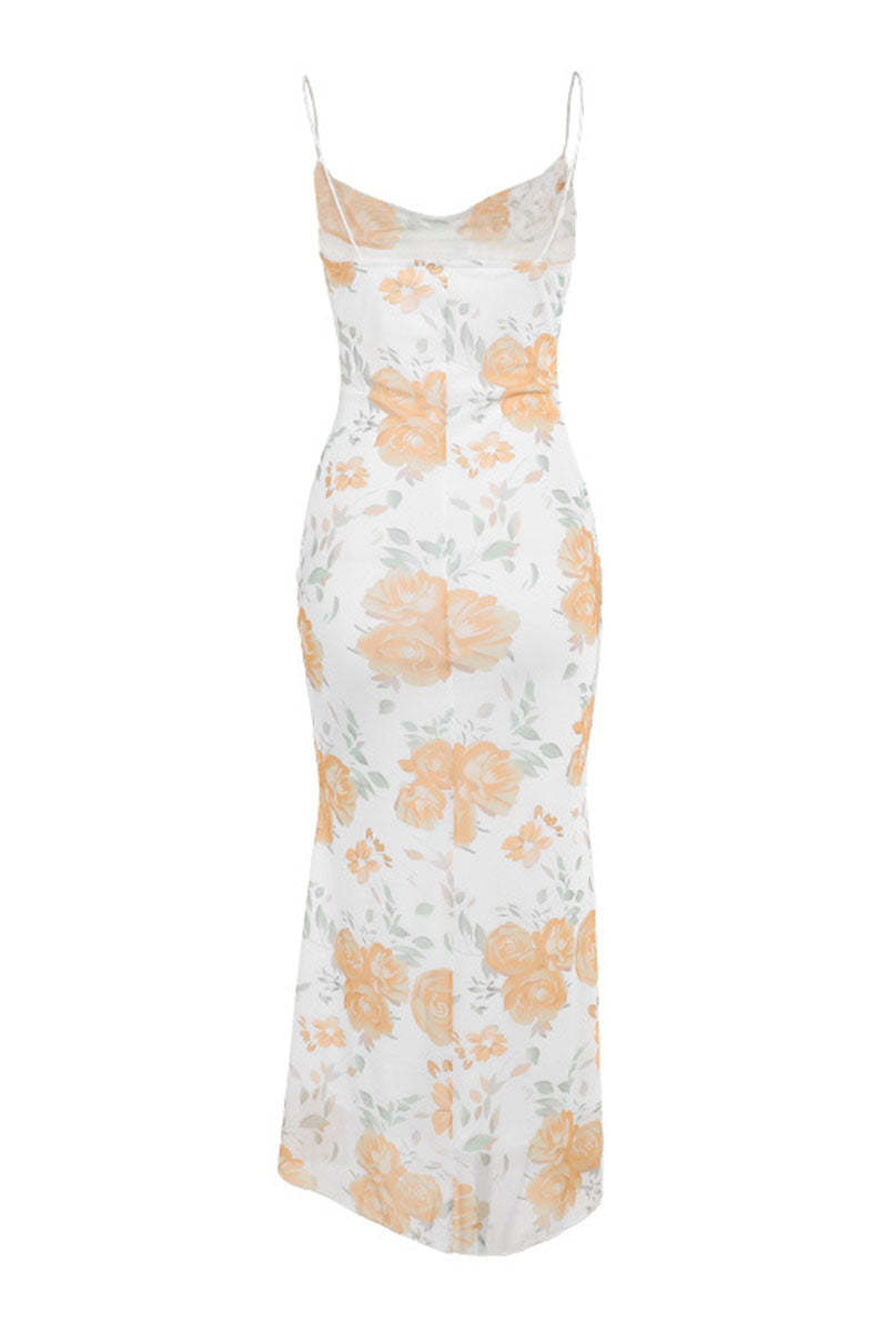 Cowl Neck Floral Print Garden Party Flowy Maxi Slip Dresses-Pink