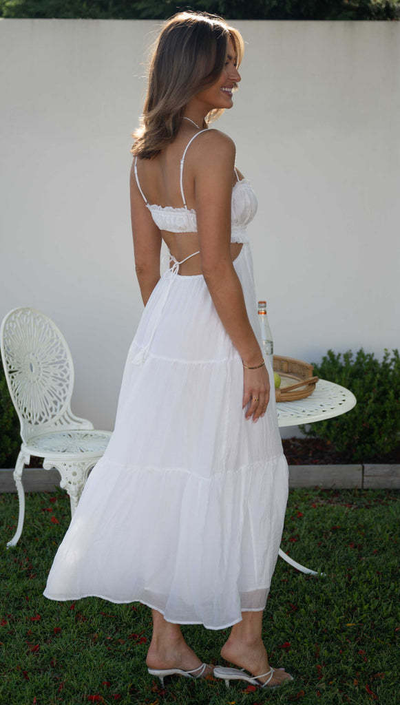 Tied Up Backless Ruched Tiered Pleated Slip Maxi Dress