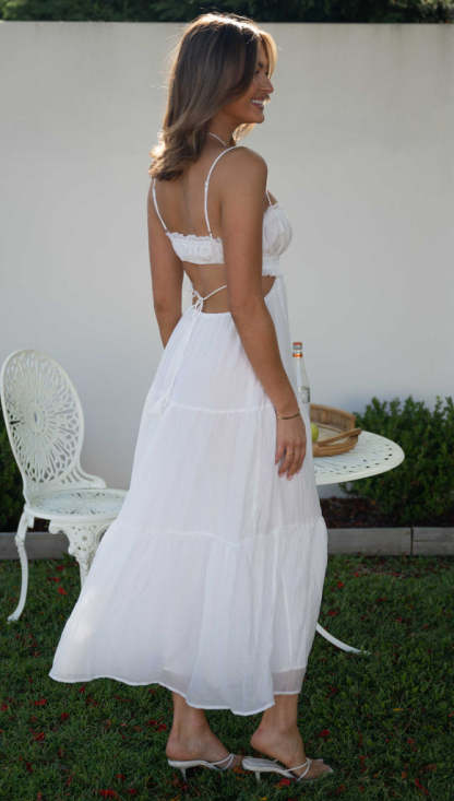 Tied Up Backless Ruched Tiered Pleated Slip Maxi Dress