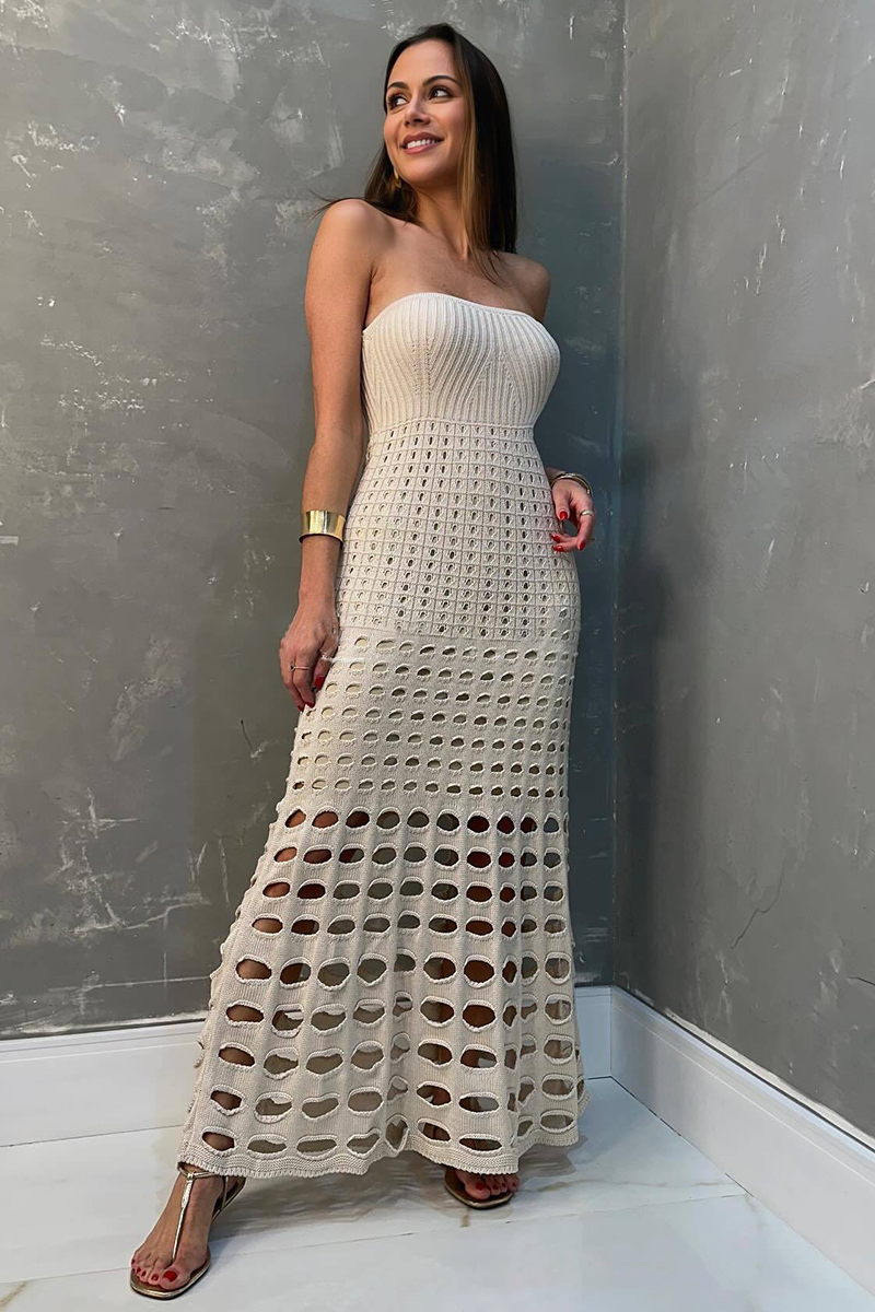 Knit Strapless Slim Fit Hollow Out Vacation Maxi Dresses-White