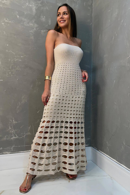 Knit Strapless Slim Fit Hollow Out Vacation Maxi Dresses-White