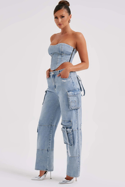 Denim Strapless Irregular Crop Corset Pockets Straight Leg Cargo Jeans Matching Set-Blue