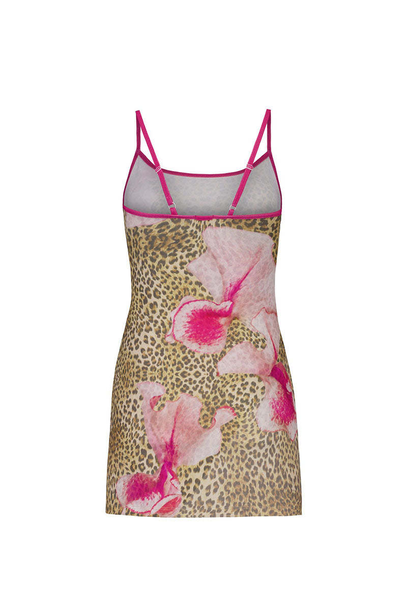 Leopard Floral Print Low Back Vacation Mini Slip Dresses-Brown