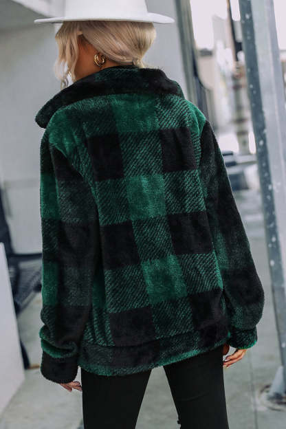 Faux Fur Plaid Turndown Collar Zipper Jacket