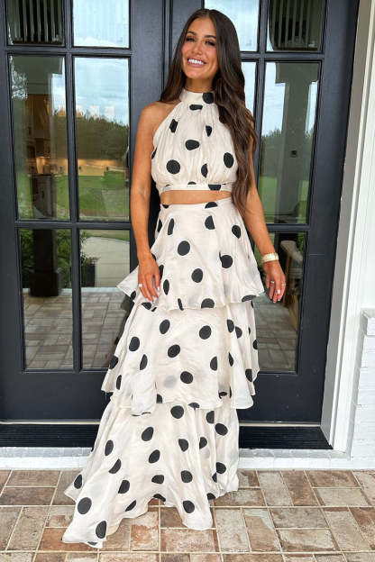 High Neck Crop Top Layered Maxi Skirt Polka Dot 2pcs Set-White
