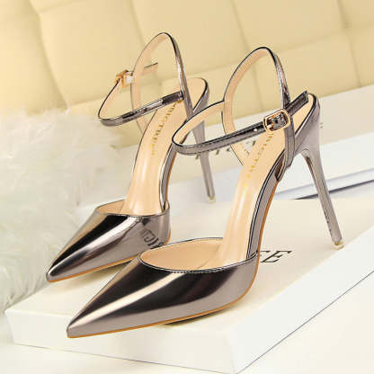 Burnished Plain Pointy Toe Ankle Strap Buckle Stiletto Heels